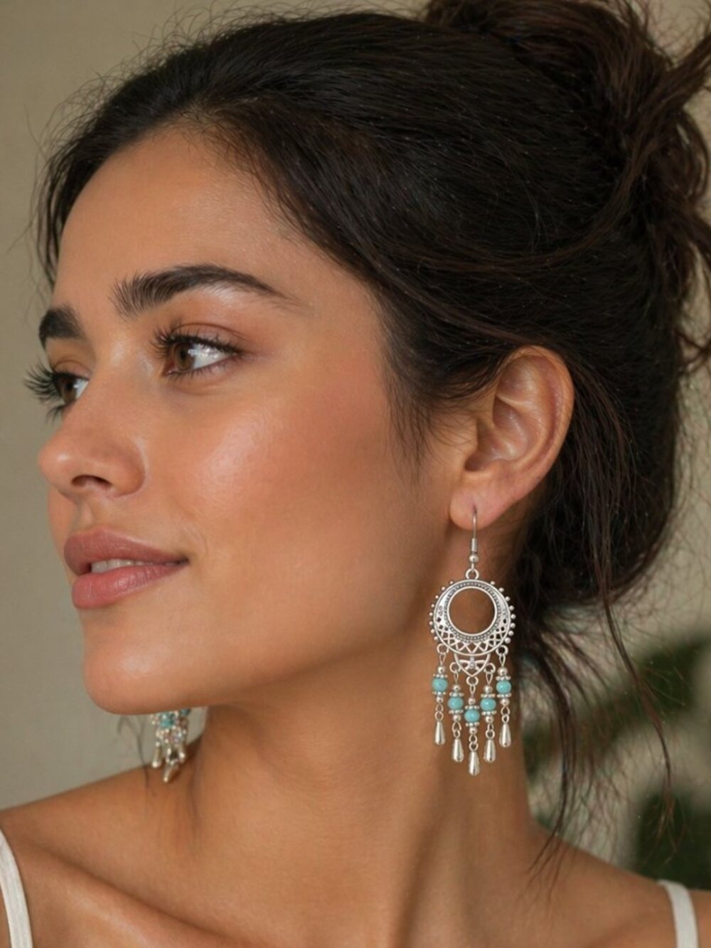 Silver Faux Turquoise Dangle Pierced Earrings